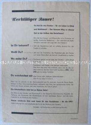 Propagandaflugblatt der SED Kreisleitung Gera mit einem Aufruf für Landwirtschaftliche Produktionsgenossenschaften