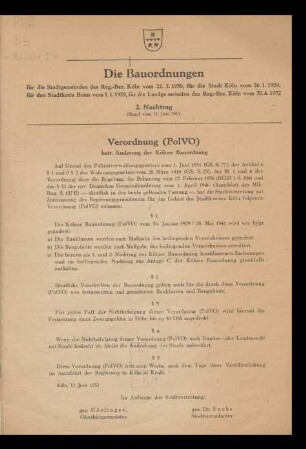 Die Bauordnungen für die Stadtgemeinden des Regierungsbezirks Köln : vom 22.5.1930, für die Stadt Köln vomn 26.1.1929, für den Stadtkreis Bonn vom 1.1.1929, für die Landgemeinden des Regierungszirks Köln vom 30.4.1932 / Nachtrag 2