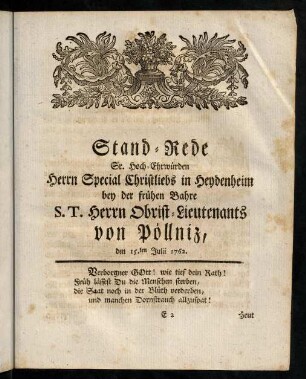 31-63, Stand-Rede... bey der frühen Bahre S. T. Herrn Obrist-Lieutnants von Pöllniz, ...