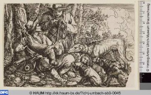 Zwei rastende Jäger mit Hunden und Jagdbeute