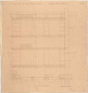 Fischer, Theodor; Würzburg, Münsterplatz; Sparkasse - Ostseite des Ostflügels (Grundriss, Ansicht m. Schnitt)