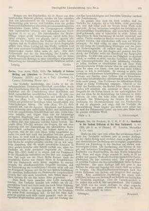 262 [Rezension] Kenyon, Frederic, Handbook to the Textual Criticism of the New Testament. 2. ed