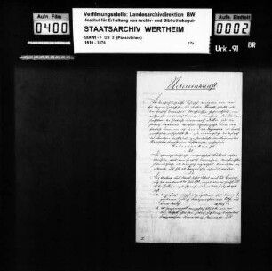 Übereinkunft zwischen dem königlich bayerischen Lehenhof und dem fürstlich löwensteinischen Gesamthause zum Ausgleich der Differenzen über das ehemalige Reichslehen der Grafschaft Wertheim, das als bayerisches Mannlehen anerkannt wird.