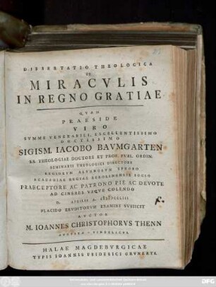 Dissertatio Theologica De Miracvlis In Regno Gratiae