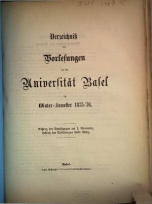 Verzeichnis der Vorlesungen. 1875/76. WS