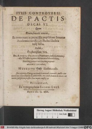 Iuris Controversi De Pactis Decas VI