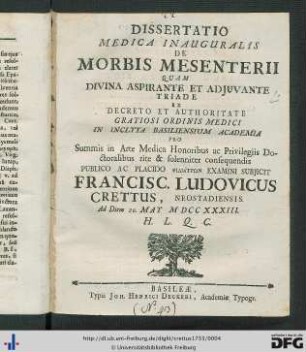 Dissertatio Medica Inauguralis De Morbis Mesenterii