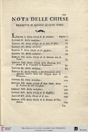 Nota delle Chiese descritte in questo quarto tomo