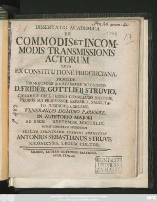 Dissertatio Academica De Commodis Et Incommodis Transmissionis Actorum