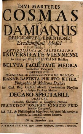 Divi martyres Cosmas ac Damianus religione et eruditione excellentissimi medici ... panegyrica