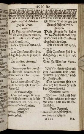 Petit traité de l'Orthographe Francoise. - Ein kleiner Tractat von der Frantzösischen Orthographie.