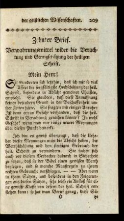 Zehnter Brief. Verwahrungsmittel wider die Verachtung und Geringschätzung der heiligen Schrift