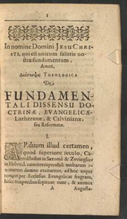 [Diaskepsis] Theologica De Fundamentali Dissensu Doctrinae, Evangelicae-Lutheranae, & Calvinianae, seu Reformatae.
