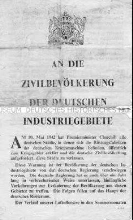Britisches Abwurf-Flugblatt mit einer Warnung an die Bevölkerung der Industriegebiete