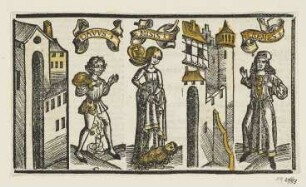 Davus, Misis und Cremes, erstmals erschienen in: "Terentius", Straßburg 1496, fol. XX (verso)
