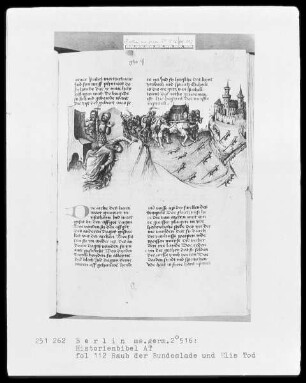 Historienbibel des Alten Testaments — Raub der Bundeslade und Elis Tod, Folio 112recto