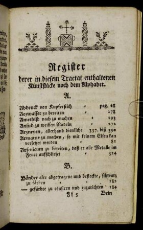 Register derer in diesem Tractat enthaltenen Kunststücke nach dem Alphabet.