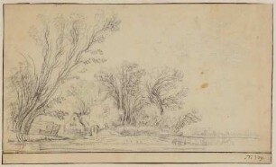 Landschaft, links zwischen Bäumen eine Bauernhütte