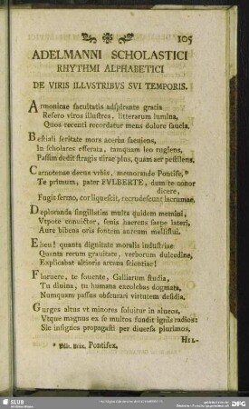 Adelmanni Scholastici Rhythmi Alphabetici De Viris Illustribus Sui Temporis