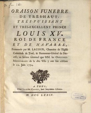 Oraison funebre de ... Louis XV. Roy de France