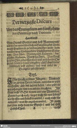Der vierzigste Discurs Uber das Evangelium am fünffzehenden Sonntage nach Trinitatis