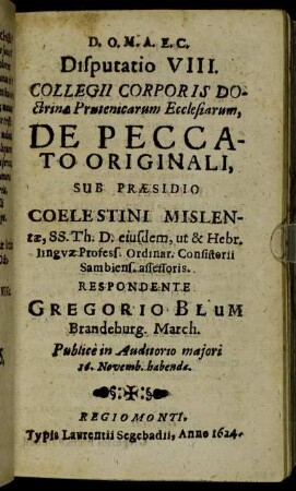 Disputatio VIII. De Peccato Originali.