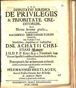 Disputatio Juridica De Privilegiis & Prioritate Creditorum