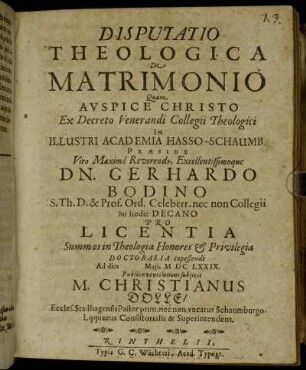 Disputatio Theologica De Matrimonio
