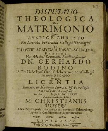 Disputatio Theologica De Matrimonio