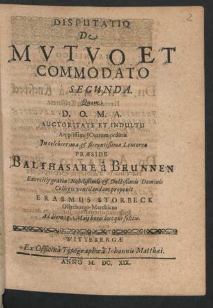 Disputatio De Mutuo Et Commodato Secunda
