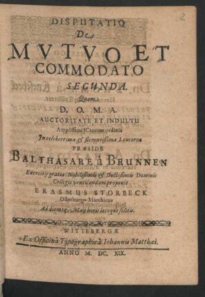 Disputatio De Mutuo Et Commodato Secunda