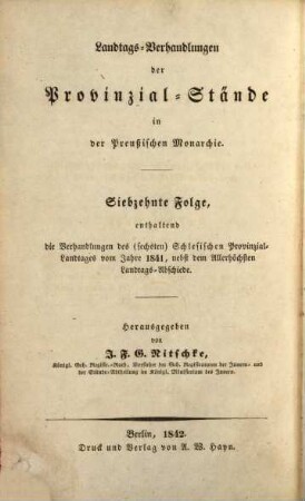 Verhandlungen der Provinzial-Landtage in der preußischen Monarchie. 2. 1841 (1842) = 17 [d. Gesamtw.]