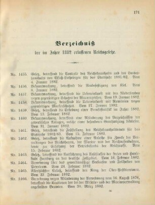 Verzeichniß der im Jahre 1882 erlassenen Reichsgesetze