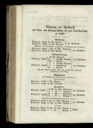 Abgang und Ankunft der Brief- und Personen-Posten bei dem Ober-Post-Amt zu Cassel