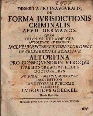 Diss. inaug. de forma iurisdictionis criminalis apud Germanos