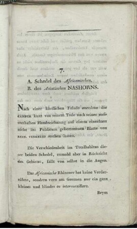 7. A. Schedel des Africanischen, B. des Asiatischen Nashorns.
