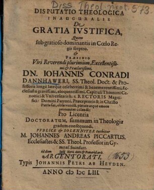 Disputatio Theologica Inauguralis De Gratia Ivstifica [Iustifica]