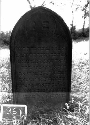 Grabstein 961 (Index: 100103878) Material: Sandstein Zustand: gut erhalten Beschreibung: Stele, Spitzbogenabschluss, Schriftfeld eingetieft, oben mit eingeritztem Dreipassbogen: Grabstein 961