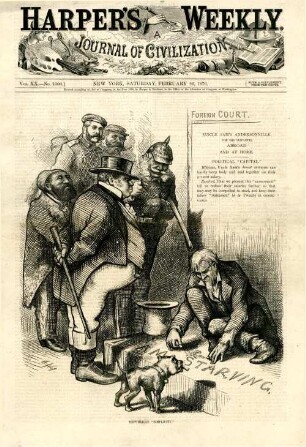 Republican "simplicity". [In der Zeichnung befindet sich ein Textblock] : Uncle Sam bettelt bei europäischen Staatsoberhäuptern, um nicht zu verhungern