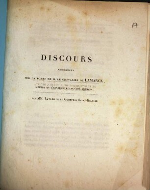 Funérailles ..., 3. ... de M. chevalier de Lamarck : Discours de M. M. Latreille. Le 20. Déc. 1829