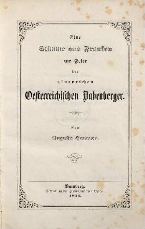 Eine Stimme aus Franken zur Feier der glorreichen Oesterreichischen Babenberger