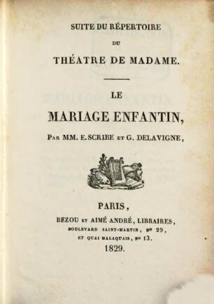 Répertoire du théâtre de Madame, 23. Le mariage enfantin. La petite lampe merveilleuse. Le vieux garçon et la petite fille. Le meunière