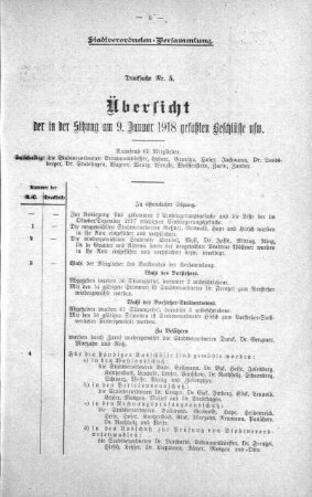 Übersicht der in der Sitzung gefaßten Beschlüsse u.s.w. (5.), 09. Januar 1918