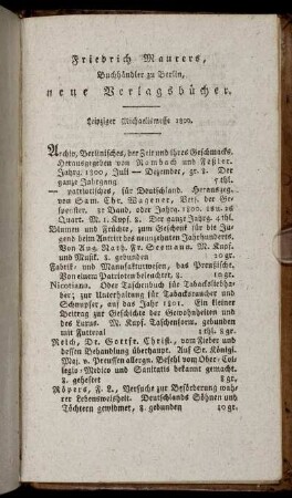 Friedrich Maurers, Buchhändler zu Berlin, neue Verlagsbücher.