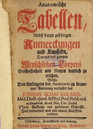 Anatomische Tabellen : Nebst darzu gehörigen Anmerckungen und Kupffern, Daraus des gantzen Menschlichen Cörpers Beschaffenheit und Nutzen deutlich zu ersehen, Welche Den Anfängern der Anatomie zu bequemer Anleitung verfasset hat