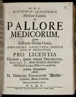 Disputatio Inauguralis Medico-Curiosa De Pallore Medicorum