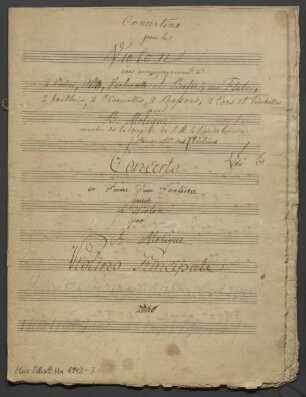 Concertino, vl, orch, op. 1, SchrMo p. 100, 111, E-Dur - BSB Mus.Schott.Ha 1943-3 : [title page:] Concertino // pour le // Violon // avec accompagnement de // 2 Violons, Alto, Violoncelle et Basse, une Flute, // 2 hautbois [!], 2 Clarinettes, 2 Bassons, 2 Cors et Timballes // par // B. Molique // membre de la Chapelle de S. M. le Roi de bavierre [!] // Propriete des Editeurs // Concerto // en Forme d'une Fantaisie // pour // Le Violon // par // B. Molique. // Violino Principale // [with pencil:] Violino 1|m|o // Viol. 2|d|o / 2 Clarinetti / 2 Oboe / 2 Corni / 2 Fagotti / // 1 Flöt [!] / 1 Alto / 1 Violoncelle / Bass / Tÿmpanie /