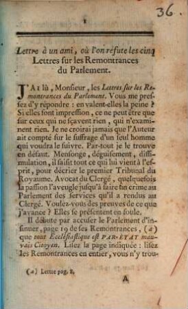 Lettre A Un Ami, Où l'on réfute les cinq Lettres sur les Remontrances du Parlement : [3 Janvier 1754]