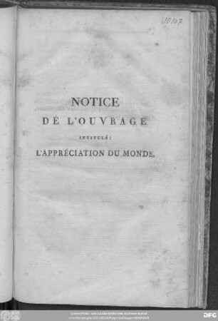 Notice de l'ouvrage intitule: L'appréciation du monde, traduit de l'hébreu, par Michel Berr, ... Metz, 1808