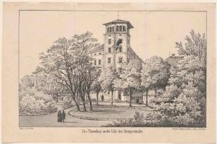 Maiaufstand 1849 in Dresden, das Turmhaus (Webers Hotel) am Postplatz nach dem Aufstand am 6. Mai
